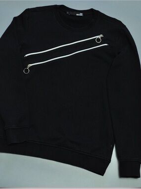 Moschino Black Crewneck Sweater with Diagonal Silver Zippers